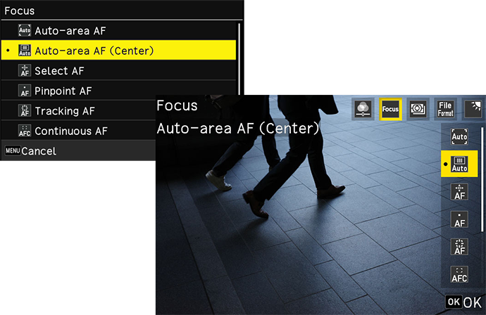 “Auto-area AF (Center)” has been added to the the Focus. Auto-area AF works around the center of the frame (9 areas) instead of the entire frame. This prevents the camera from focusing on unintended areas such as the ground in front of you, allowing you more control of your street snaps.
