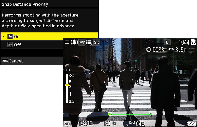 A new exposure mode, “Snap Distance Priority Mode” has been installed. By setting the snapshot distance and depth of field (DOF) in advance, you can instantly recall the setting. DOF3, in particular, sets the f-stop so that the depth of field is close to pan-focus, allowing you to enjoy faster shooting.